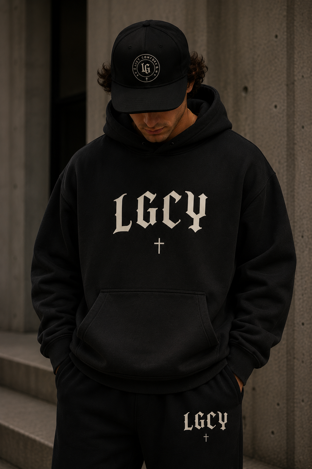 LGCY Conform Oversized Hoodie — front with LGCY chest logo